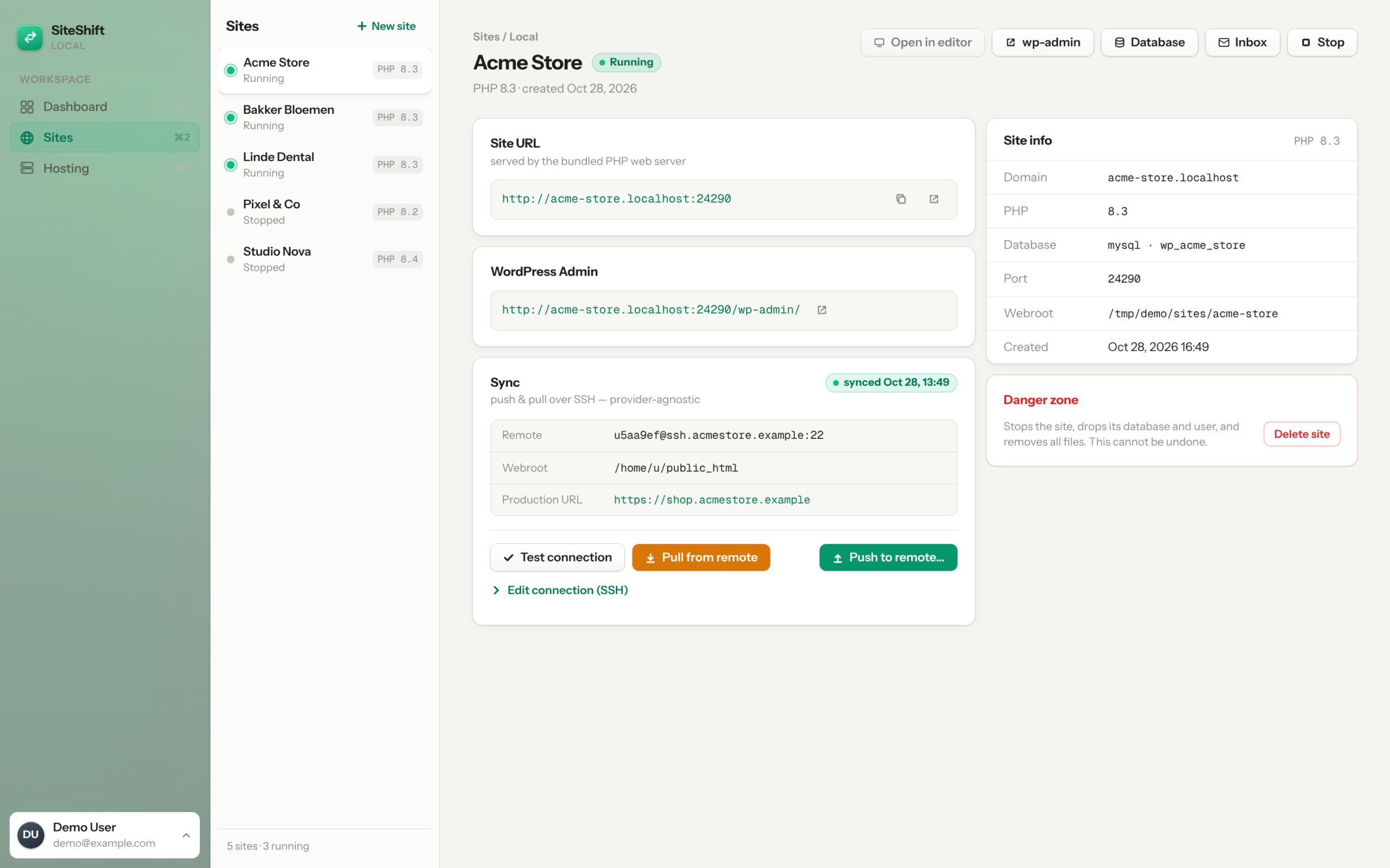 SiteShift site detail screen with push and pull actions for one WordPress site
