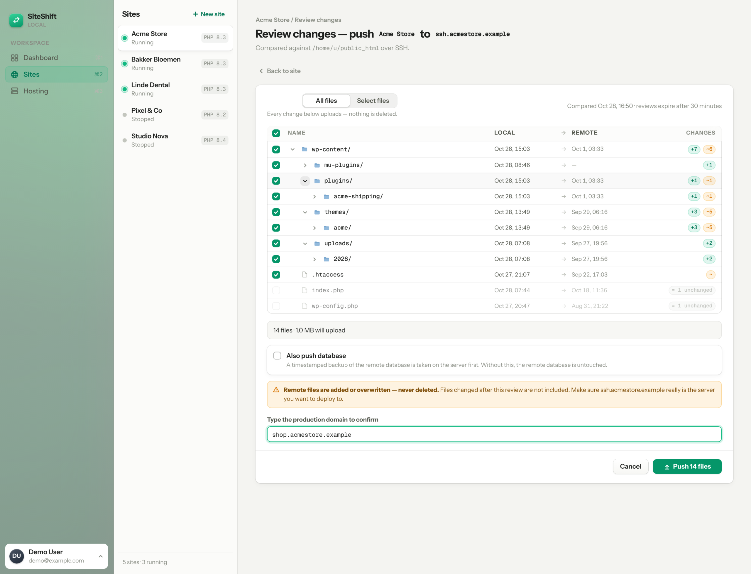 SiteShift review changes screen showing the file and database diff before a push, with domain confirmation